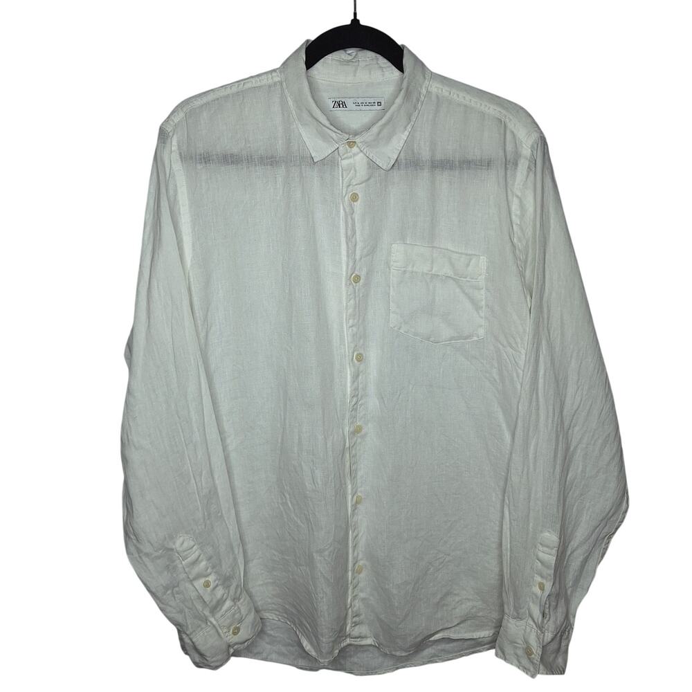 Zara Men's 100% Linen Regular Fit Button Down Shirt White M Collared Minimalist